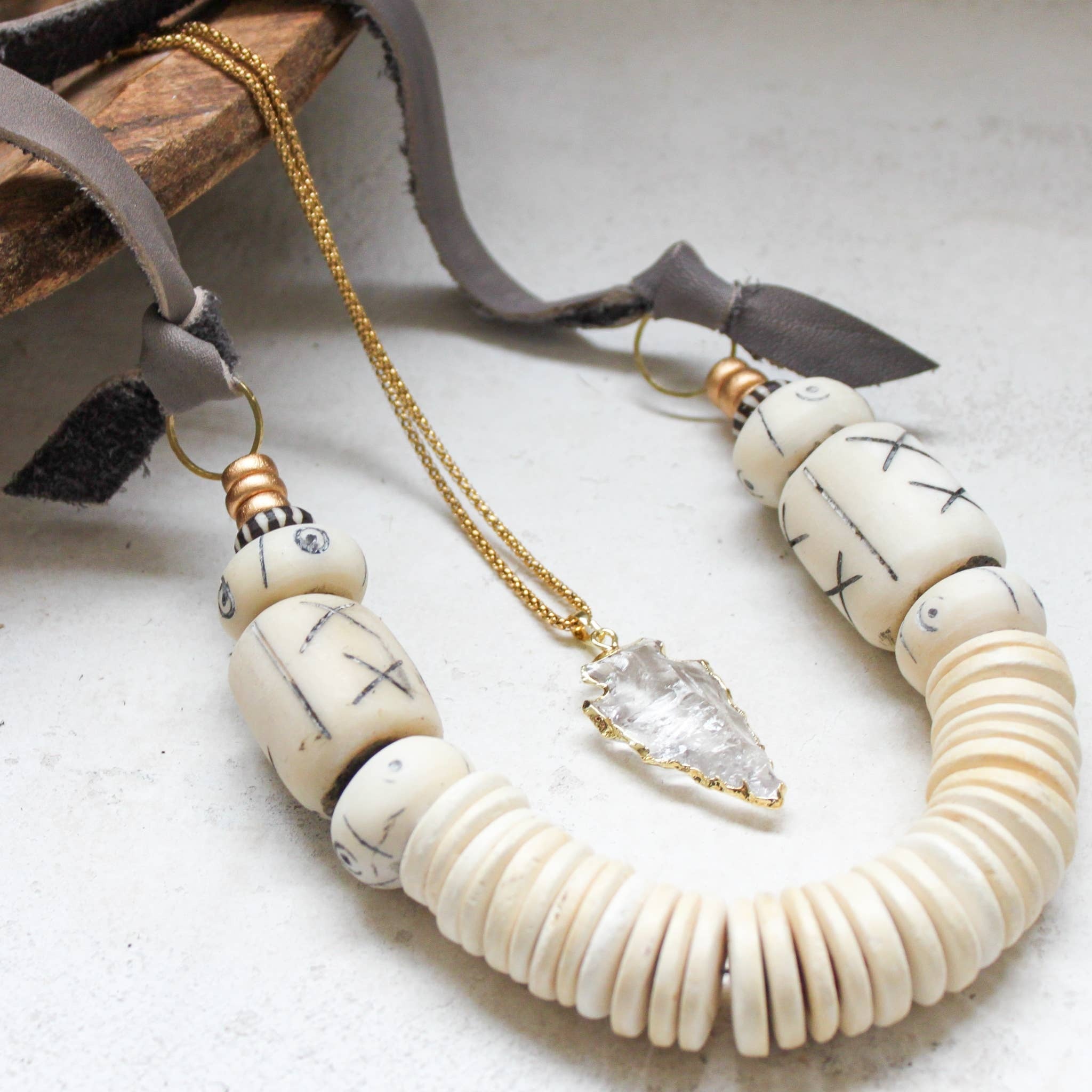 Petrified Whale Bone beads, oxidized sterling silver beads Necklace
